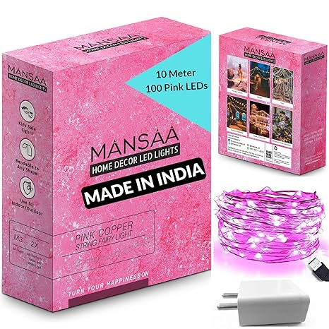 MANSAA® USB String Lights Combo with USB Adaptor, 1 Pink Light, 1 USB Adaptor, 10 MTR 100 LED's, USB Operated