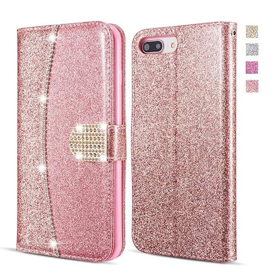 UEEBAI Hülle für iPhone 5 5S SE, Premium Glitzer PU Leder Handyhülle mit Diamant Schnalle [Kartenslots] [Magnetverschluss] St