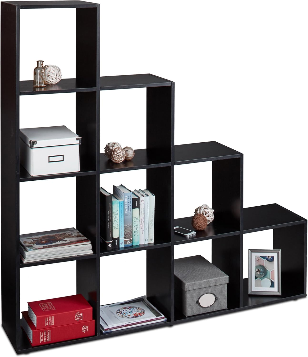 Relaxdays Wooden Stair Bookcase, 10 Compartments, Step Rack as Room