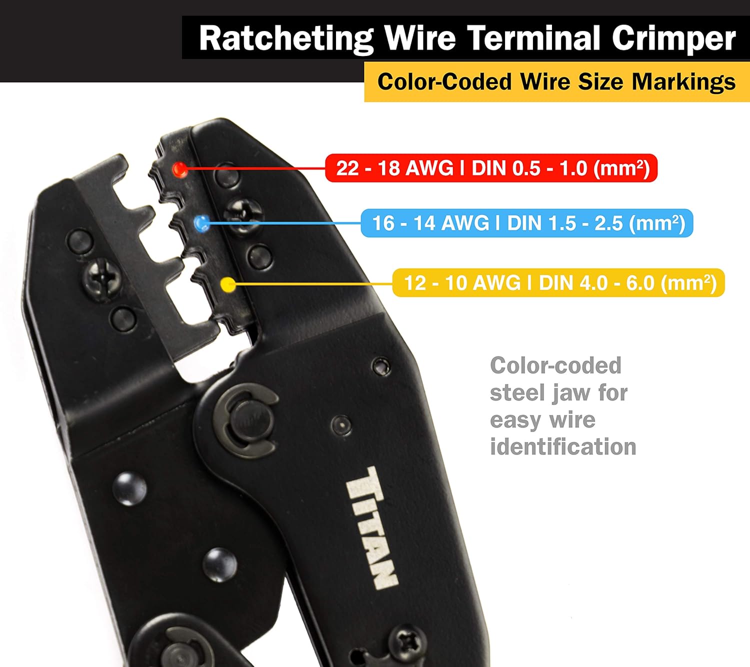 Titan 11477 Ratcheting Wire Terminal Crimper Tool for Insulated Terminals, Fixed Jaw Crimper - - 