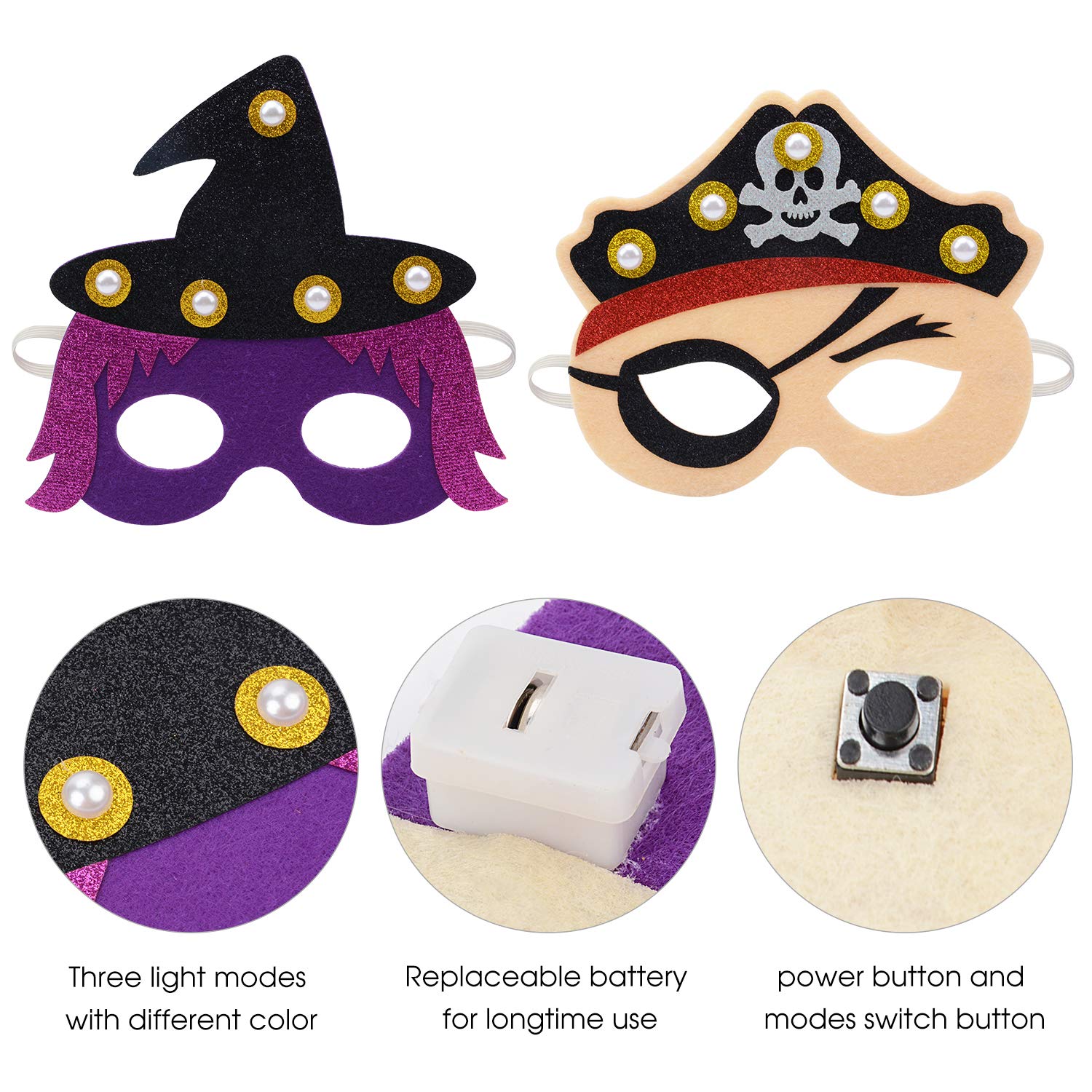 ZOYLINK Halloween Mask Kids Mask Felt Mask, LED Mask cosplay Mask Party Mask for Carnival Birthday Party Costume Ball to Play Pumpkin Pirate Witch Mask (6 Pack)
