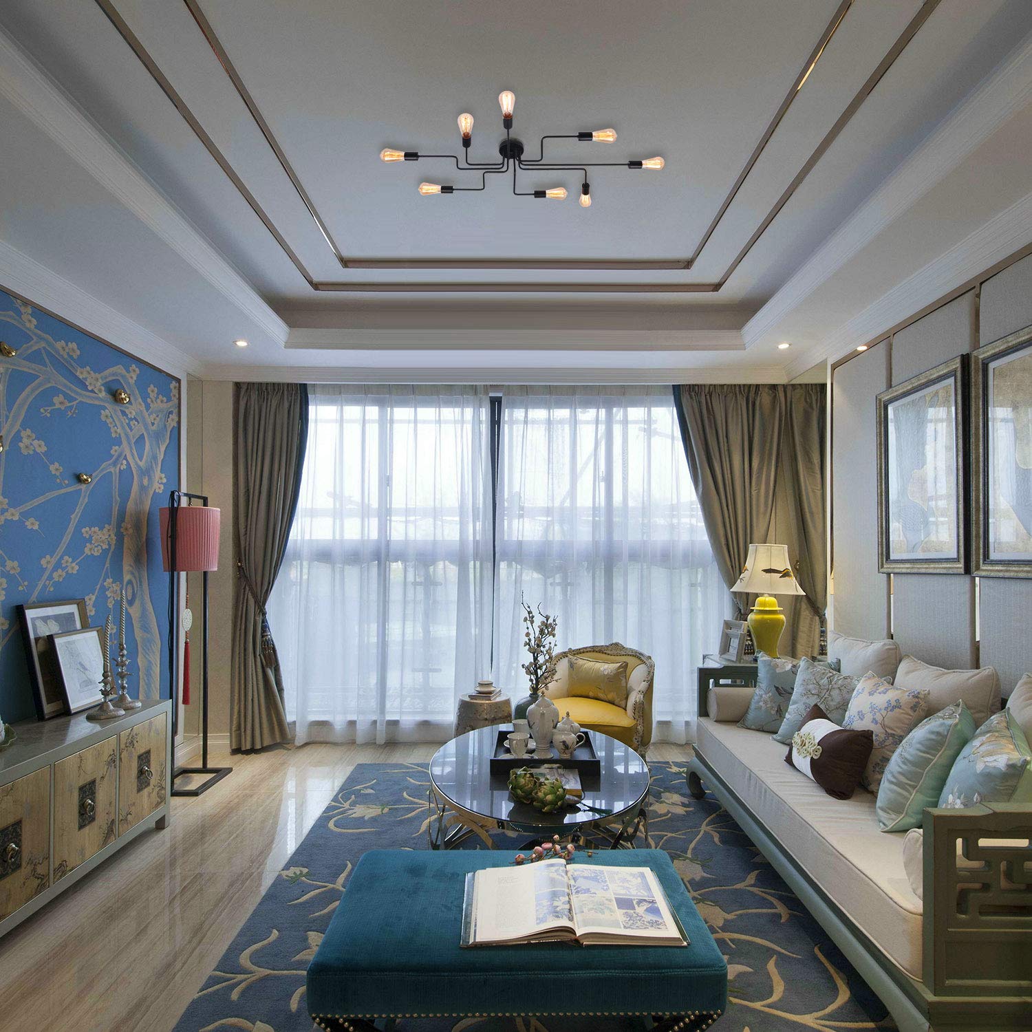 UNITARY Farmhouse Semi Flush Mount Ceiling Light Fixture, Lights for Bedroom, Black Metal Sputnik Kitchen Light Fixtures with 8 E26 Bulb Sockets, Hallway Light Fixtures, Lamps for Living Room - Image 4