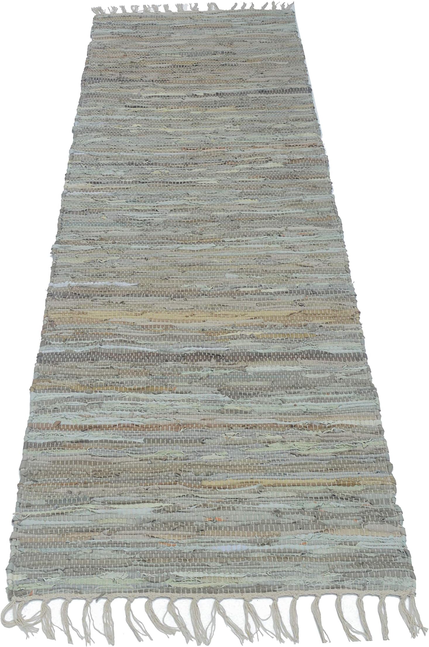 Chardin Home – Farmhouse Area Rug 2x7 | Leather & Cotton Rag Rug | Recycled Vintage Leather chindi Reversible Runner Rug Grey/Beige