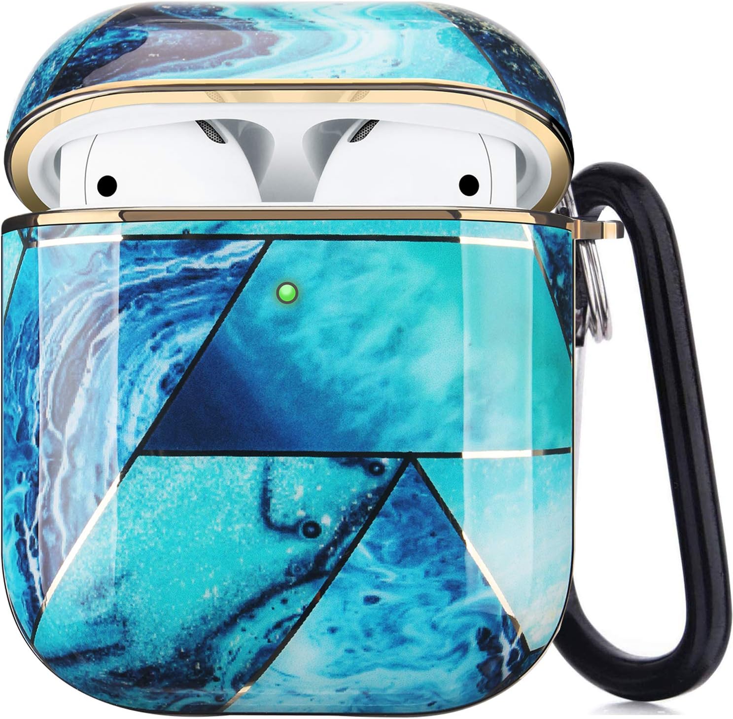 Happypapa Airpods Case Designed for Apple AirPods 2 & 1 Full Protective Case Cover with Keychain Cute Girls Men Durable Shockproof Anti Lost Case for Airpods Charging Case (Blue Gold Marble)
