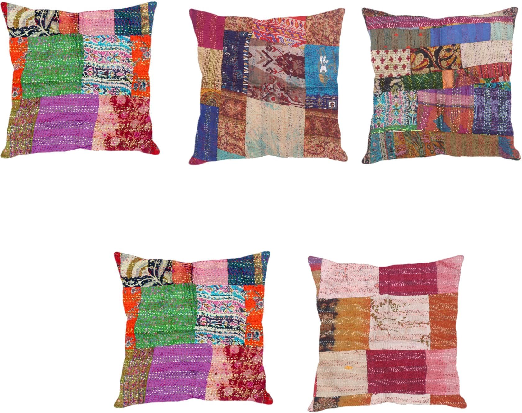 Indistar Set of 5 Throw Pillow Cover | Silk Patchwork Cushion Covers with Traditional Indian Kantha Work | Decorative Cushion Covers, 18 x 18 Inch-93100-475-IW-P5