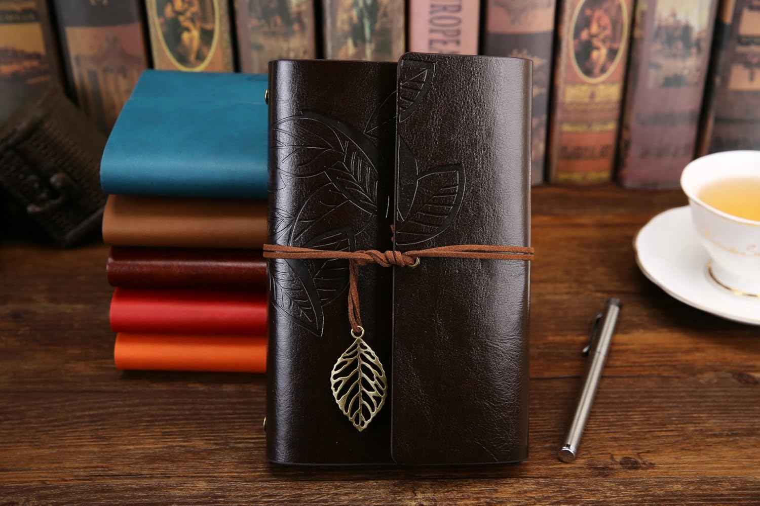 NectaRoy Vintage Retro PU Leather Cover Notebook Journal Diary, Leaf Pattern Spiral Blank String Daily Notepad, Kraft Paper - Image 3