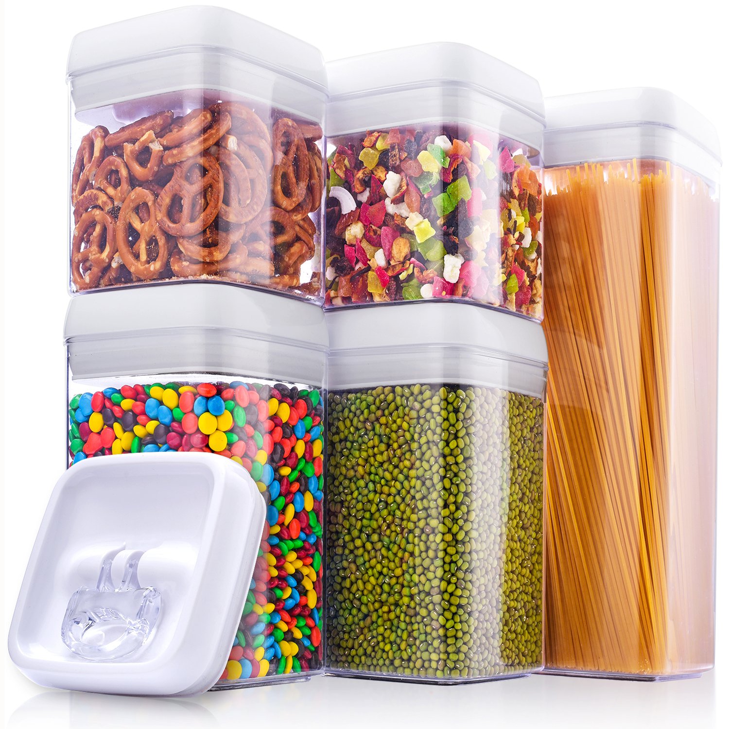 ME.FAN Large Air-Tight Food Storage Container Set [5-Piece Set] - Pantry Durable Seal Pot - Cereal Storage Containers - For Dry Foods & Liquids - BPA Free - Clear Containers with White Lids