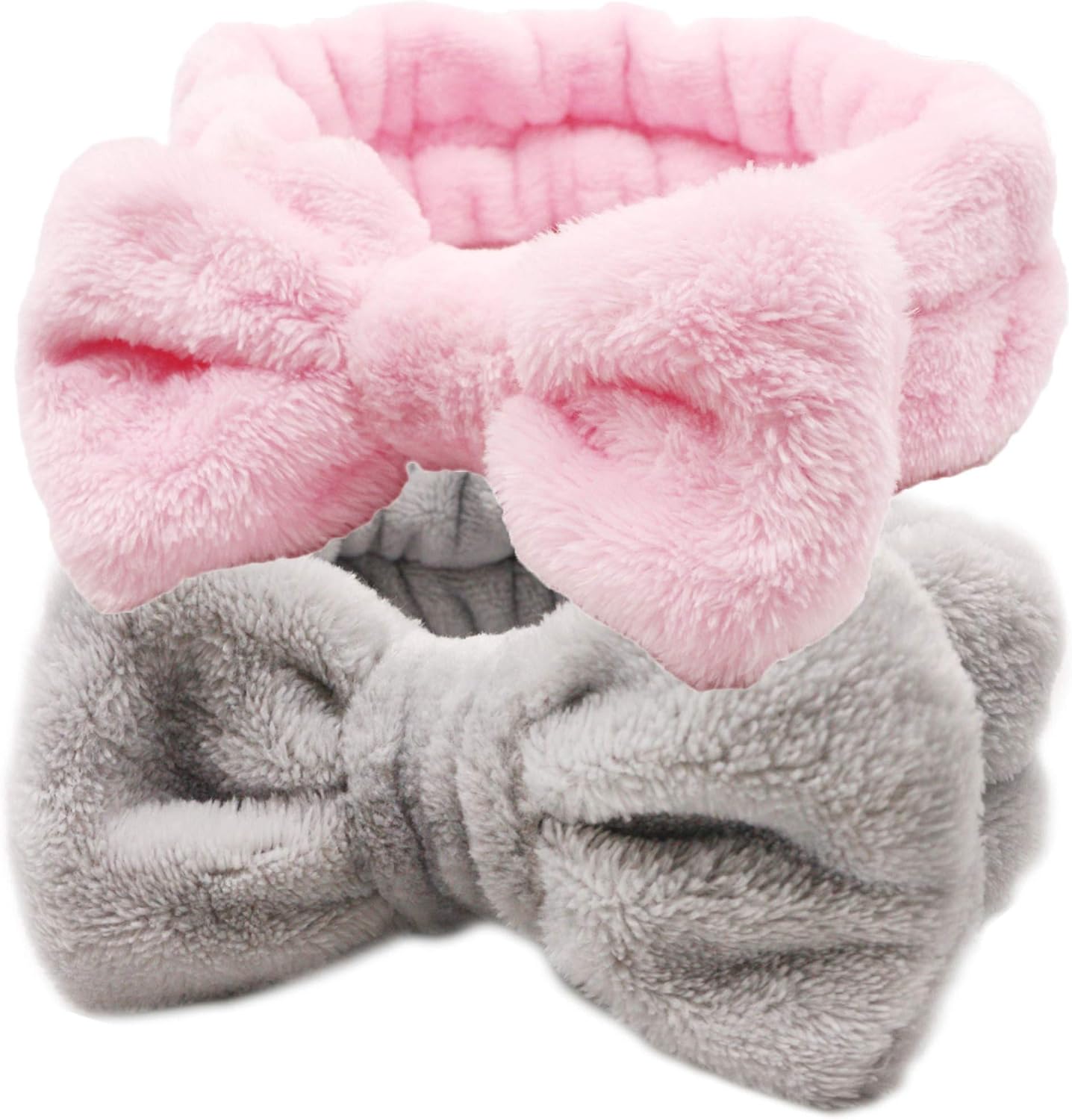 Dofash Cute Bowknot Bow Makeup Cosmetic Headbands for Washing Face,Shower Hairbands, Spa Headbands for Women 2PCS (Light Pink+Gray)