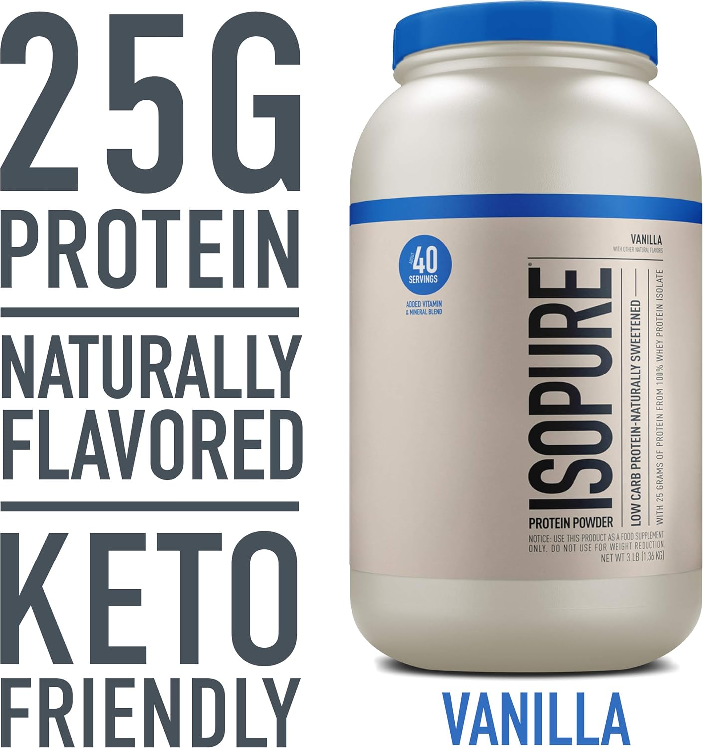 Isopure Low Carb Naturally Sweetened, Zinc for Immune Support, 25g Protein, Keto Friendly Protein Powder, 100% Whey Protein Isolate, Flavor: Vanilla, 3 Pound (Packaging May Vary): Health & Personal Care