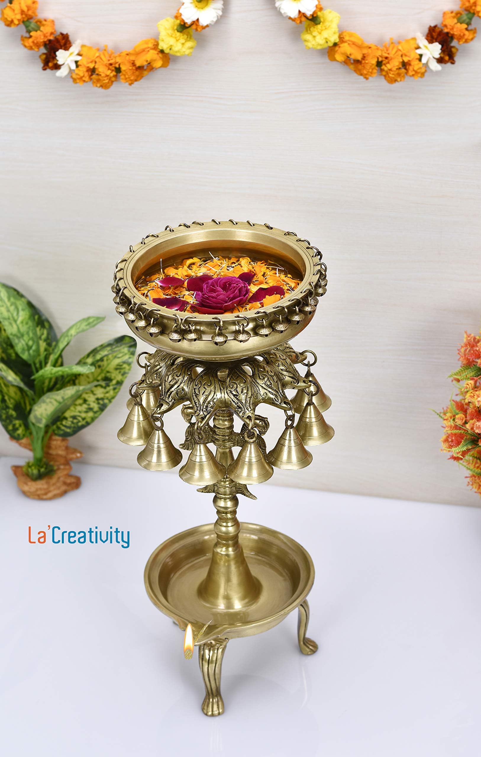 La Creativity Round Bells Design Brass Urli with Diya Stand | Home Decor |