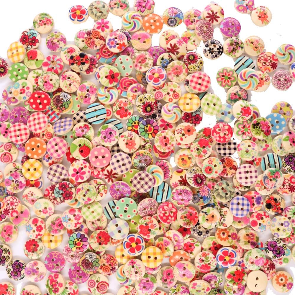 Renashed 200Pcs 15mm Mixed Color Design Wooden Buttons in Bulk for Crafts Scrapbooking or Sewing and DIY Craft