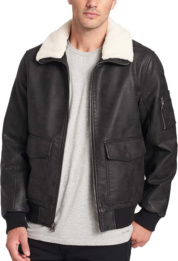 Dockers Men's Maverick Faux Leather Sherpa Collar Aviator Bomber Jacket