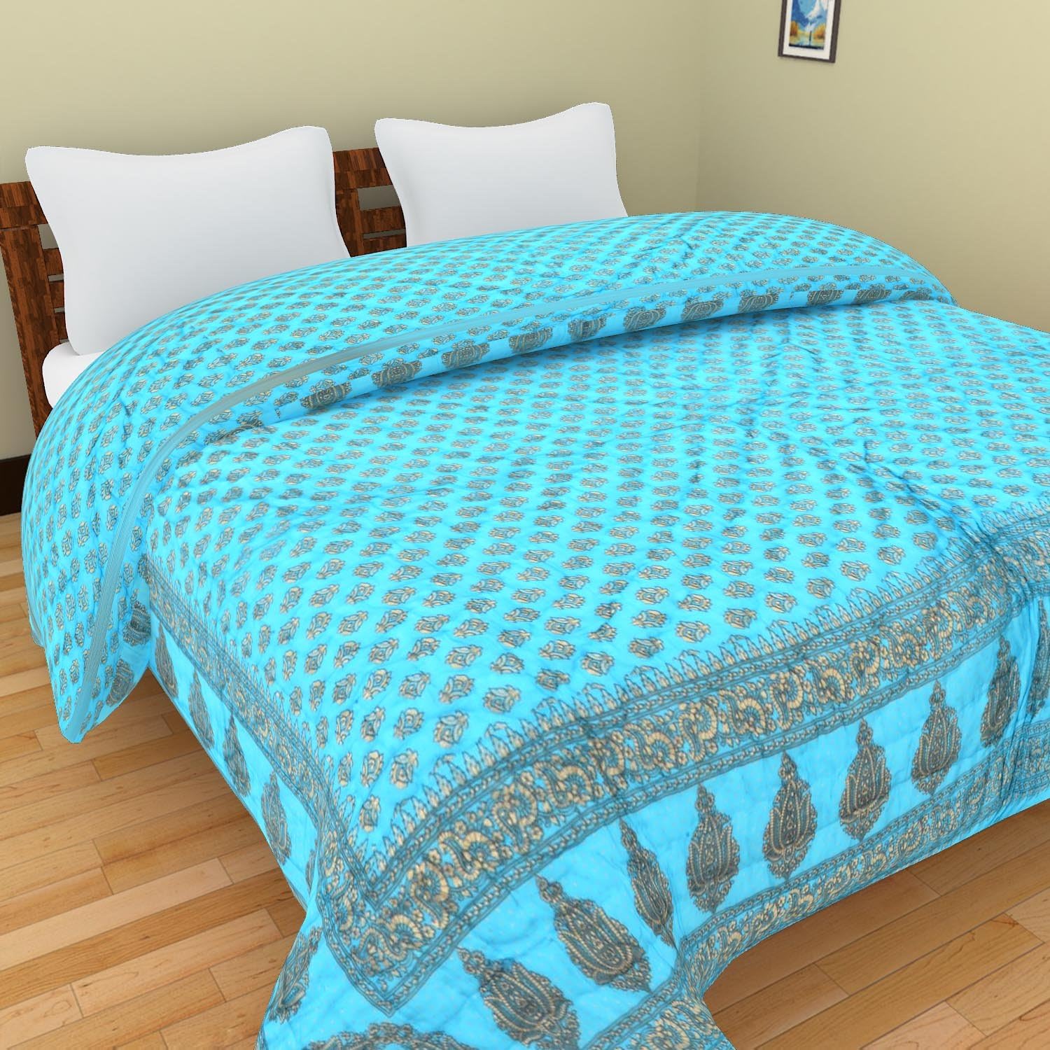 Shra double bed blue Jaipuri/Rajasthani Print Razai/Quilt