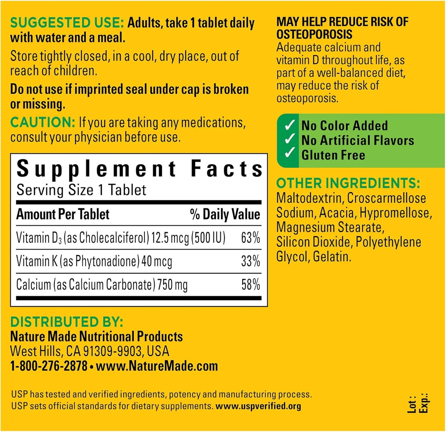 Nature Made Calcium 750 mg Tablets w. Vitamin D and K, 100 Ct for Bone Health† (Packaging May Vary): Health & Personal Care