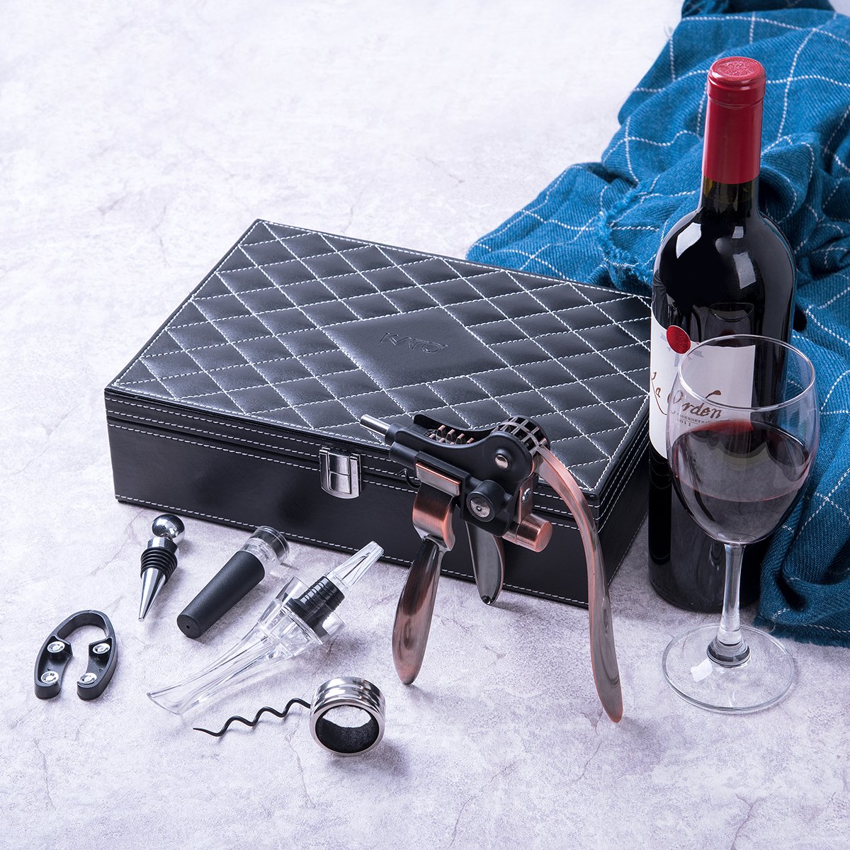 Wine Opener Corkscrew Set, 7 Pieces Wine Bottle Accessories Gift Kit, Rabbit Screwpull, Wine Stopper, Pourer, Foil Cutter and Extra Screw In Deluxe Leather Box by Kato, Free Drink Marker Stickers