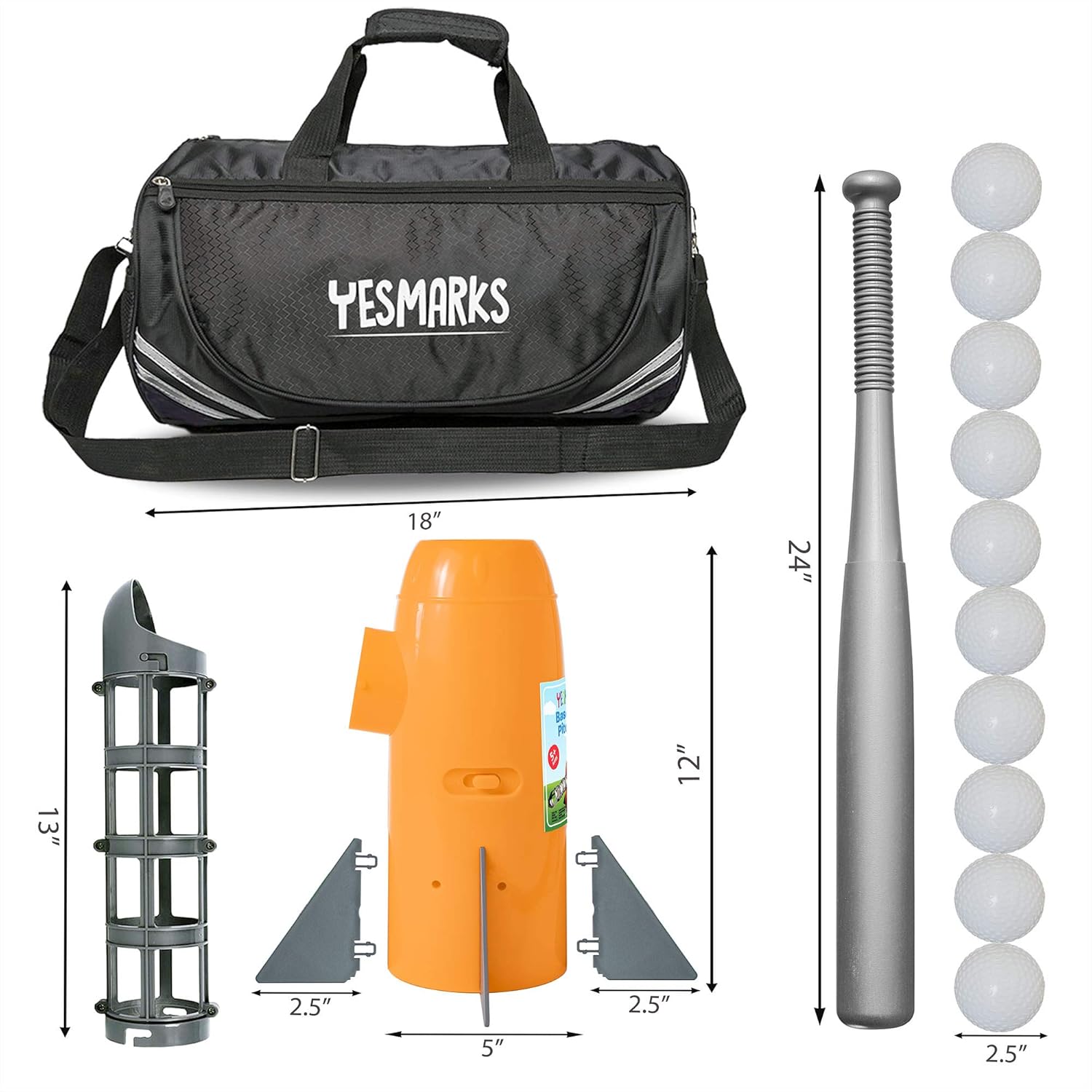 YESMARKS Kids Auto Baseball Pitching Machine Outdoor Toy Set - Training Equipment & Practice Toys for Children - Operated Automatic Pitcher, Collapsible Plastic Bat, 10 PP Baseballs, Sports Bag: Toys & Games