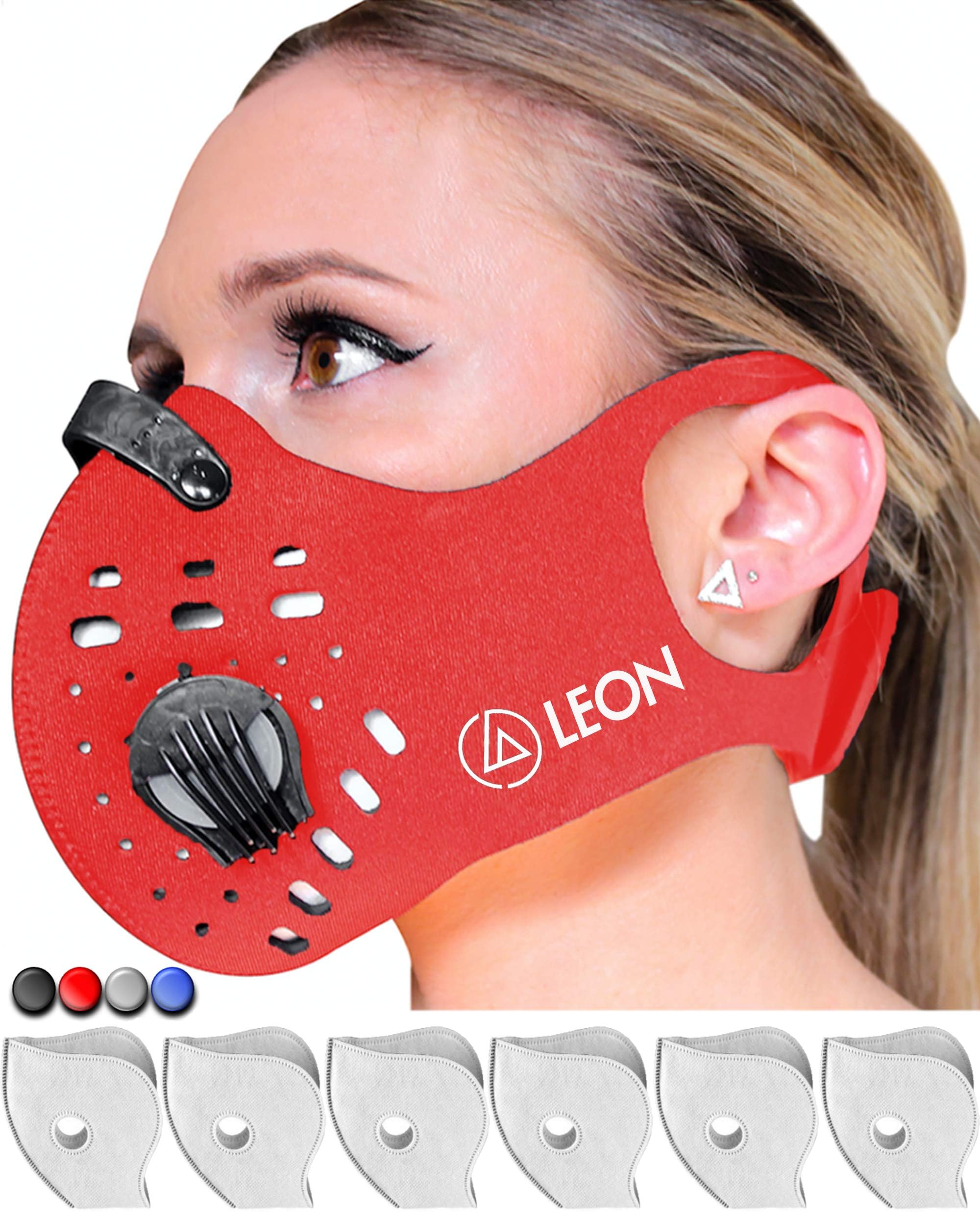 (Red) LEON N99 Dust Mask with 6 Carbon Activated Filters | Reusable Washable Anti Dust Mask | Non Slip Safety Mask | Dustproof Anti Pollution Smoke Air Respirator | Outdoor Mowing Woodworking Allergy