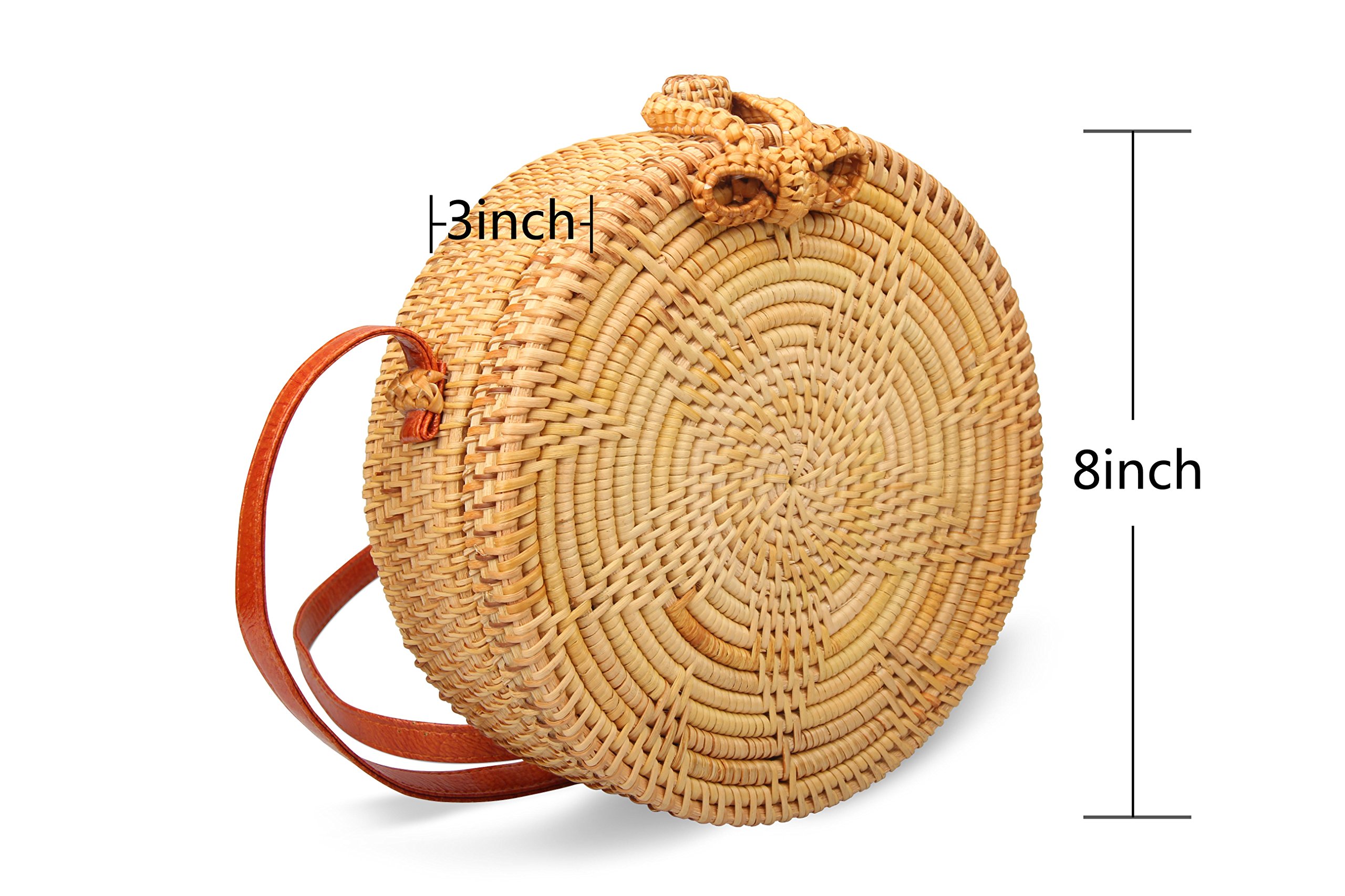 Partrisee Handmade Woven Rattan crossbody Bag Round Straw Tote Shoulder Leather Beach Gift Bag for Women-Star pattern
