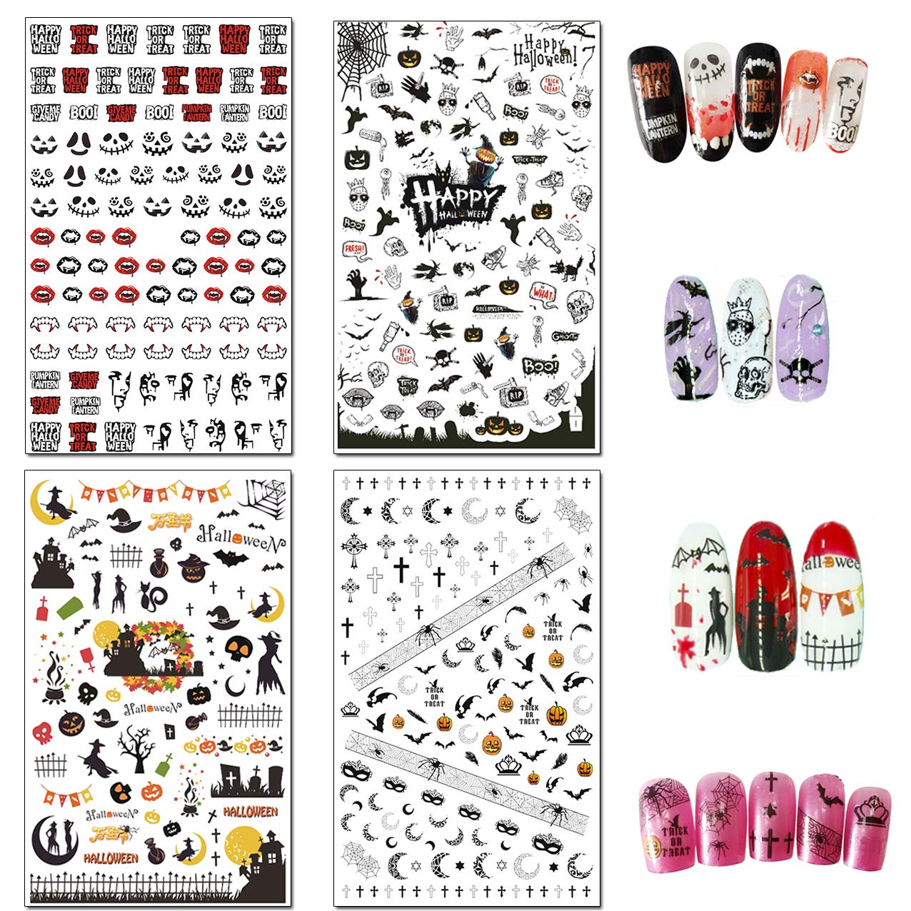 TailaiMei 1500 Pcs Halloween Nail Decals Stickers, 12 Sheets Self-Adhesive DIY Nail Art Tips Stencil for Halloween Party, Include Pumpkin/Bat/Ghost/Witch etc: Beauty