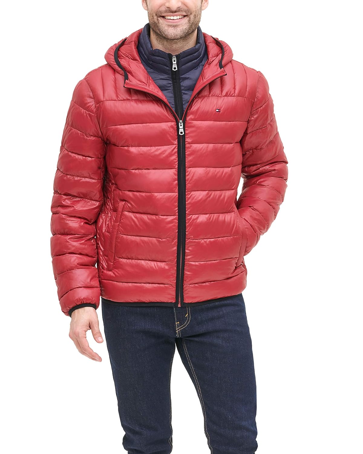 tommy hilfiger men's insulated packable jacket contrast bib hood