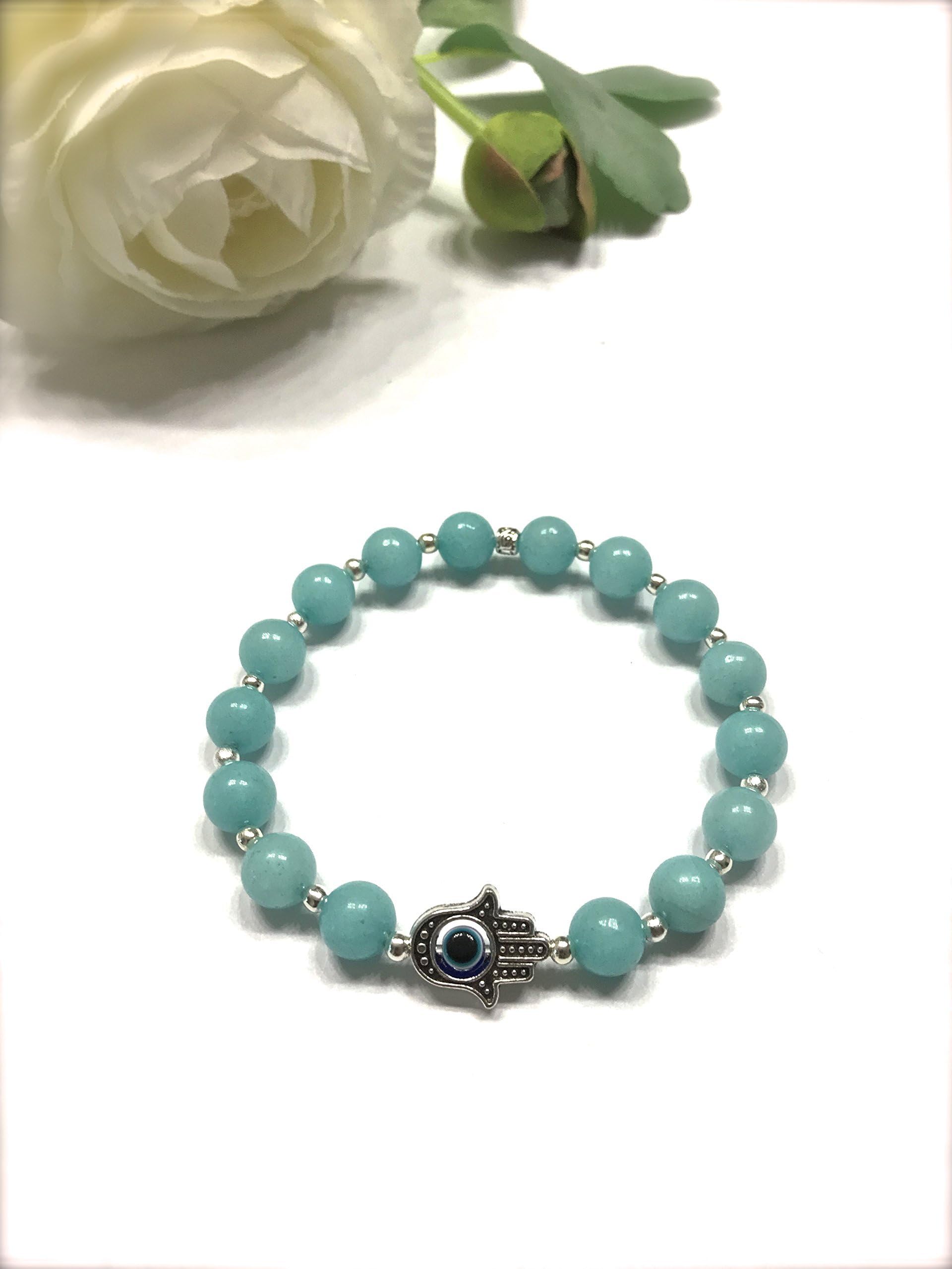 NastooteeNatural Blue Amazonite Stone Stretch Bracelet. Hamza Charm, Evil Eye, Envy Protection. Heart and Throat Chakra Balance.