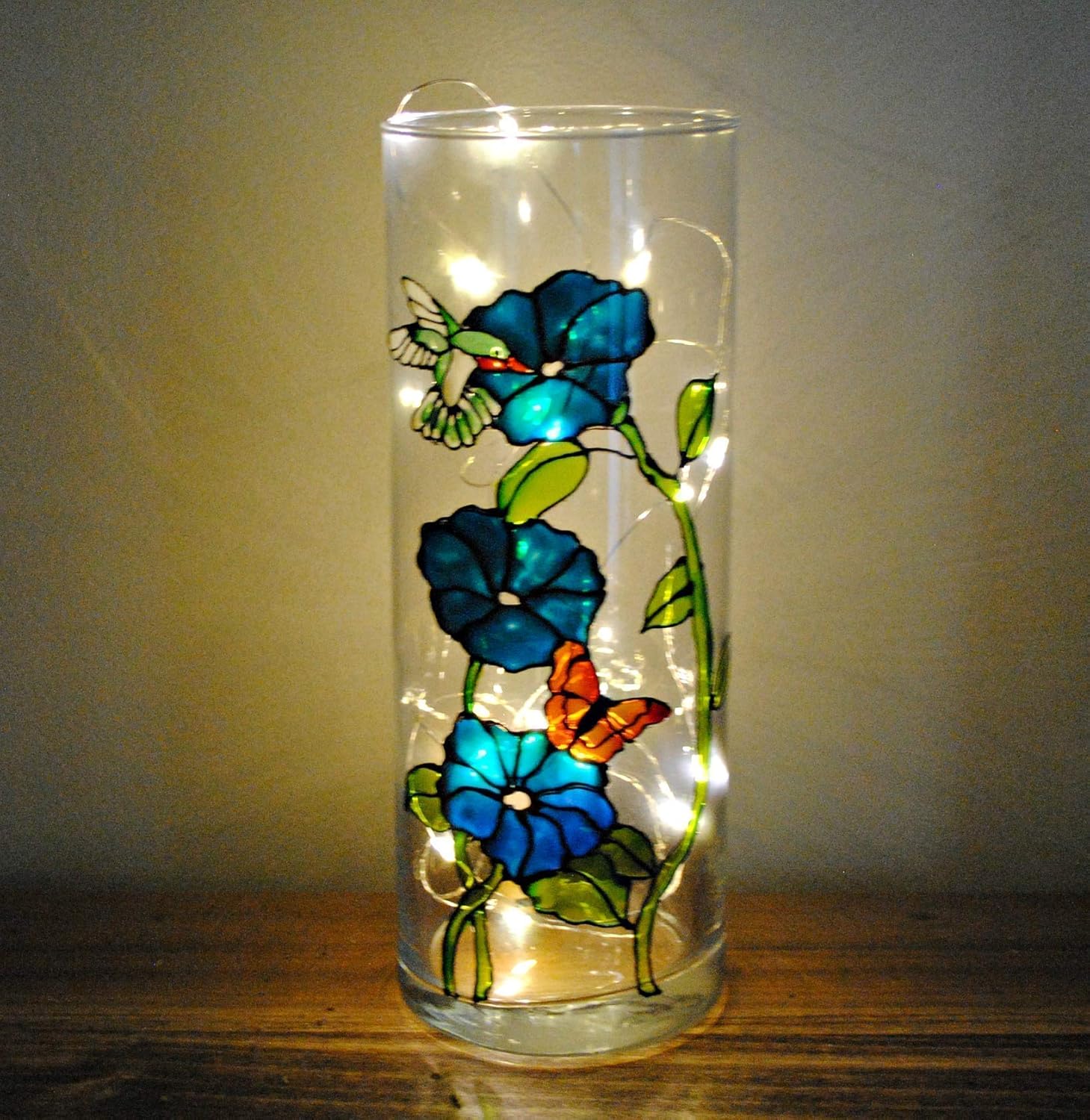 Hummingbird Butterfly Flower Hand Painted Stained Glass 9 Inch Cylinder Vase Handmade