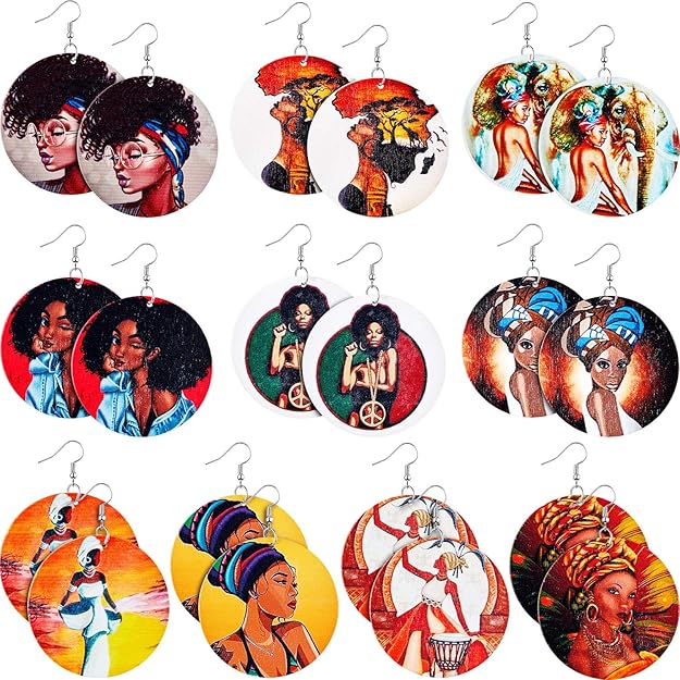 10 Pairs Round African Women Earrings Wooden Painted Earrings Ethnic Style Earring (Creative