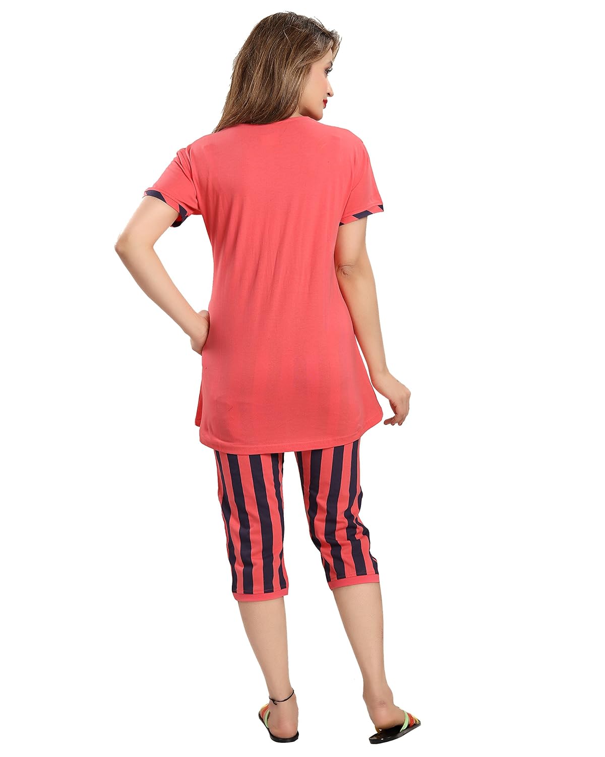 seemee dark orange and black polyester cotton capri and top night set