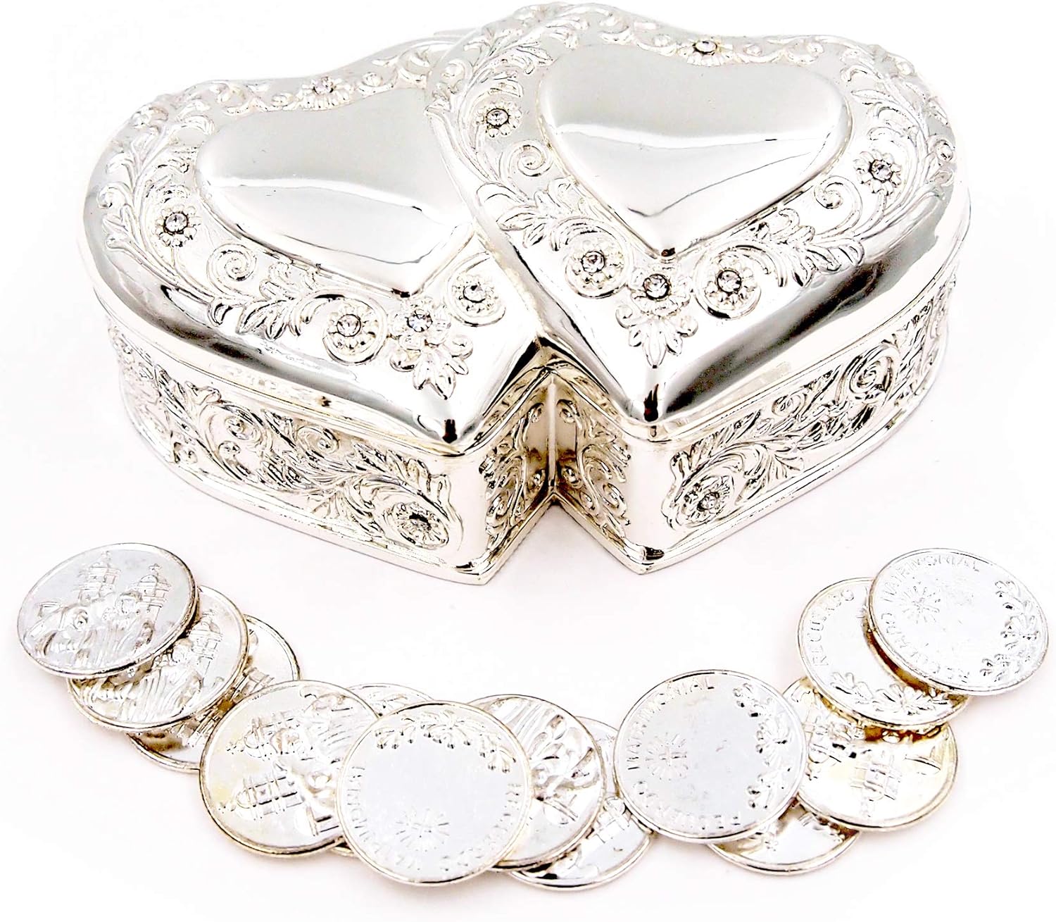 Elegante plata doble corazón boda Arras con 13 monedas Set ...