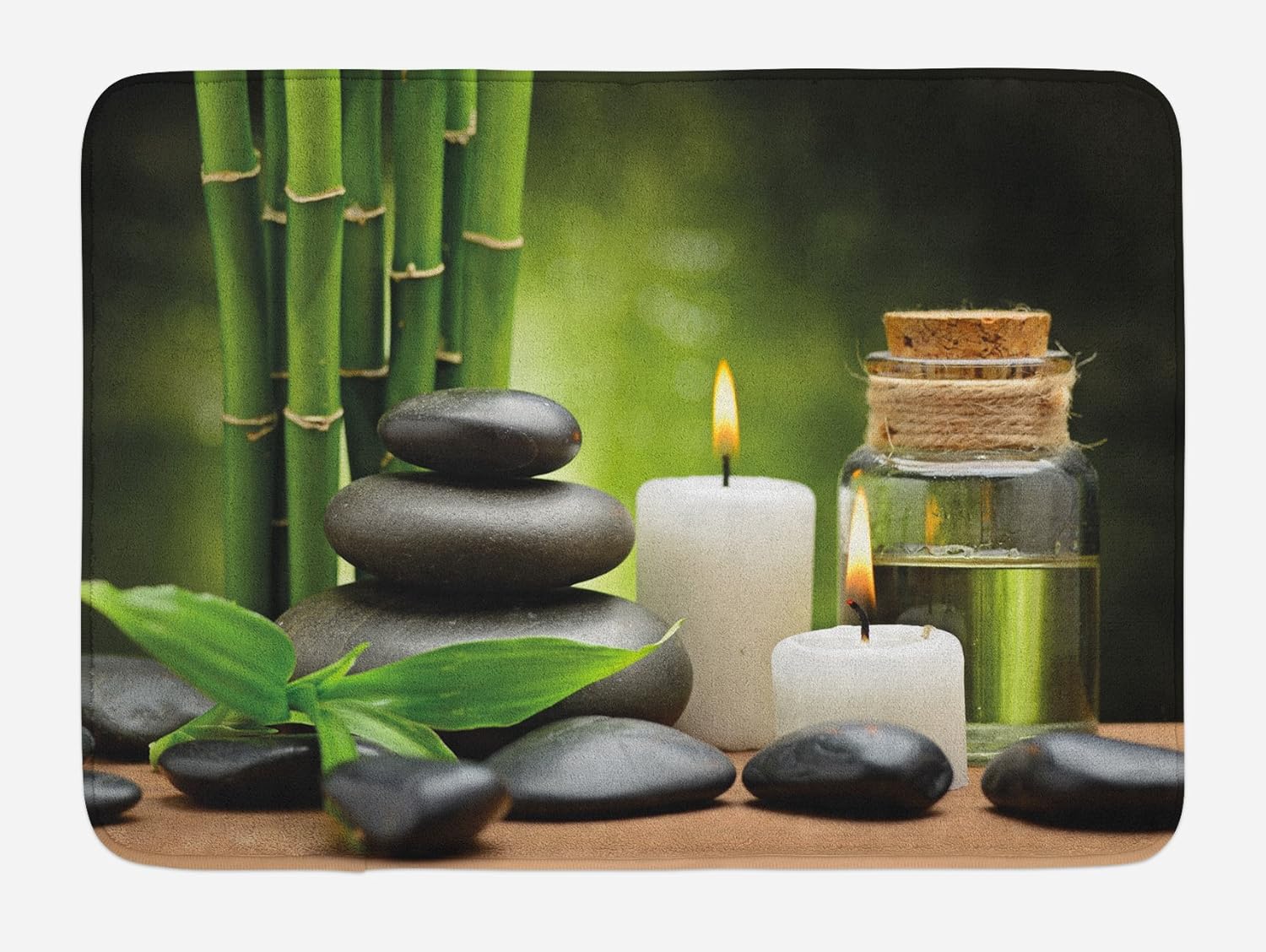 Amazon Com Ambesonne Spa Bath Mat Hot Massage Rocks Combined Candles And Scents Landscape Of Bamboo Print Plush Bathroom Decor Mat With Non Slip Backing 29 5 X 17 5 Green White Kitchen Dining
