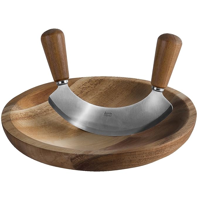 Jamie Oliver Brett Wiegemesser und Schneidebrett aus Hochwertigem Akazienholz Edelstahl, Holz, 24 x 24 x 3 cm 2-Einheiten