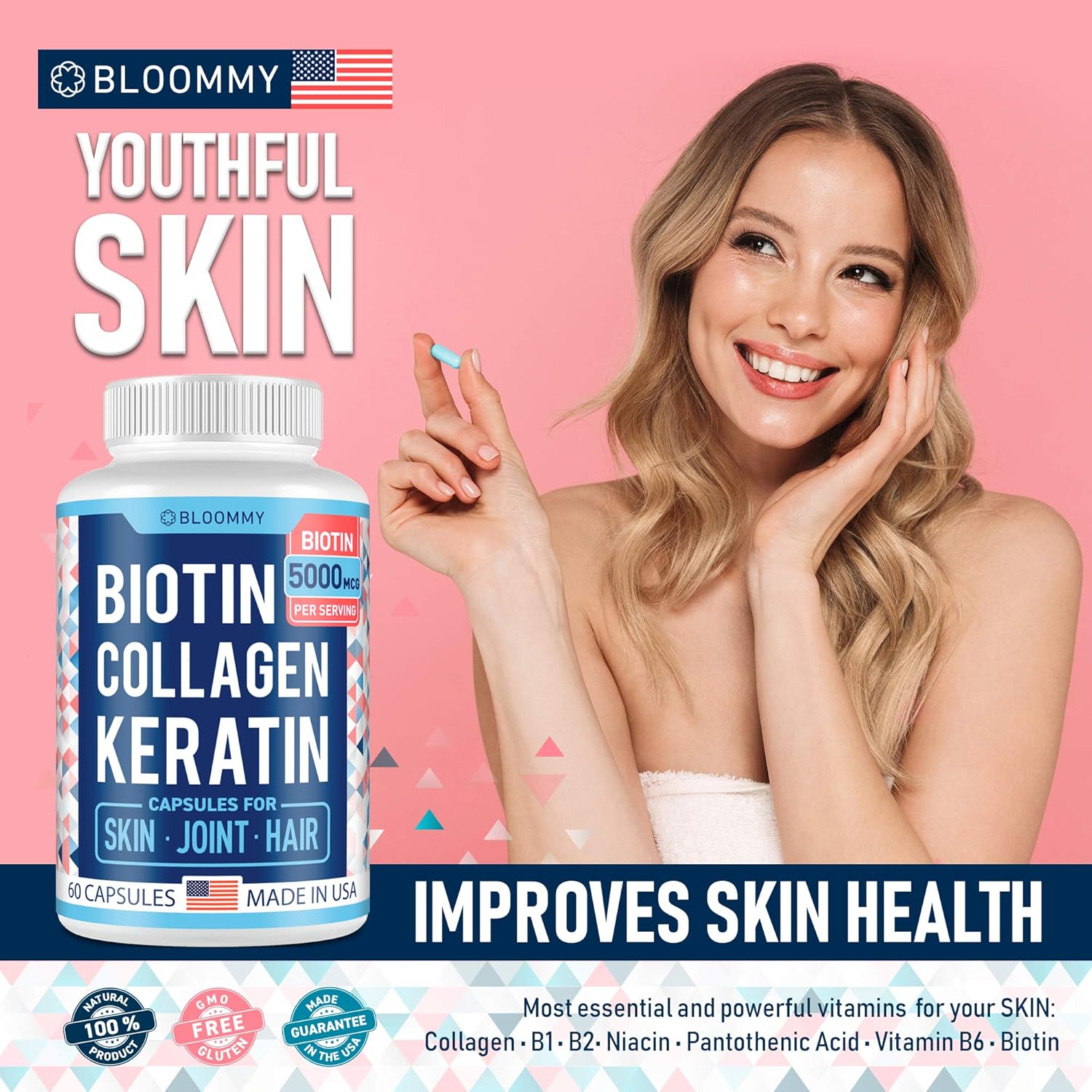 Biotin, Collagen & Keratin Capsules - Joints, Skin & Hair Natural Vitamins - Made in USA - Biotin & Collagen Supplements for Women - Collagen Pills for Hair Care - Collagen Peptides Pills - 60 caps: Health & Personal Care