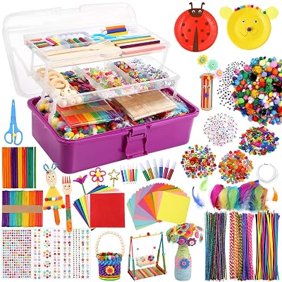 Caydo 3000 Pcs Kids Art and Crafts Supplies, Toddler DIY Craft Art Supplies Set Include Pipe Cleaners, Pom Poms, Portable 3 Layered Folding Storage Box Great Gift for Kids
