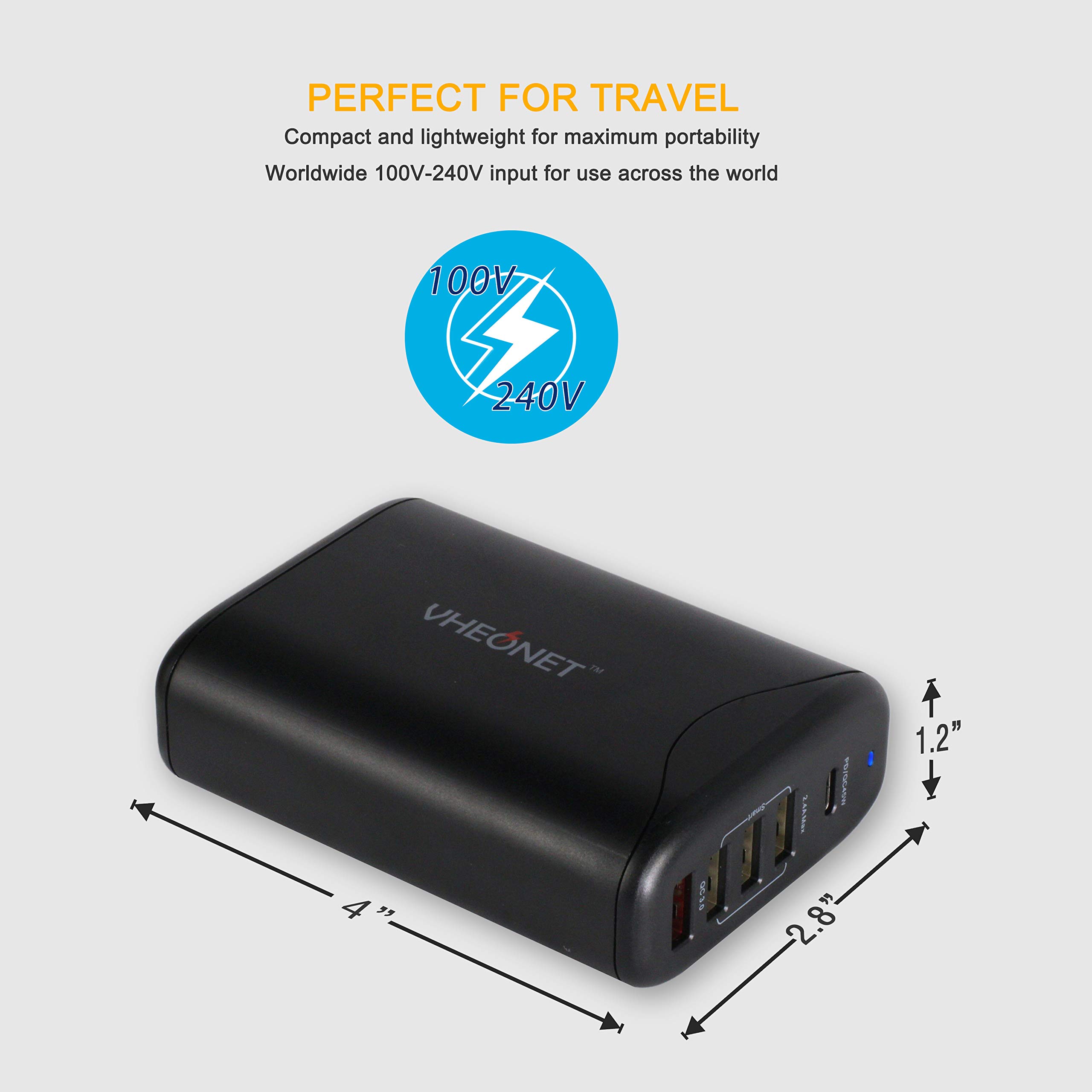 60W 5 Port USB C Charger Fast Charging PD Wall Charger Desktop Charging Station for iPhone Xs/Xs Max/XR/8/7/6, MacBook, Nexus, Galaxy and More (Black)