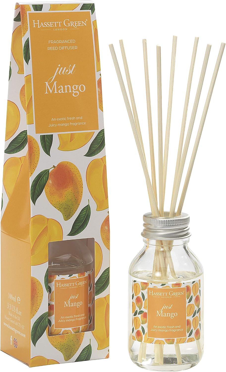 Hassett Green London - Just Mango - Fragrance Oil Reed Diffuser - 100ml Glass Bottle with 8 Rattan Reeds, 100 ml (Pack of 1)