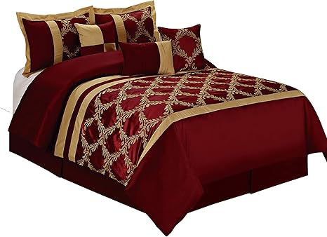Amazon Com Hig 7 Piece Comforter Set Queen Burgundy And Gold Faux Silk Fabric Embroidered Claremont Bed In A Bag Breathable And Wrinkle Resistant 1 Comforter 2 Shams 3 Decorative Pillows 1 Bedskirt Kitchen Dining