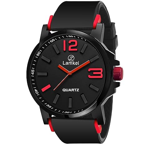 Lamkei LMK-0085 Watch for Men - Fashion Sports Luxury Casual Analogue Quartz Black Dial Black Synthetic Strap Stylish Latest Mens Watch