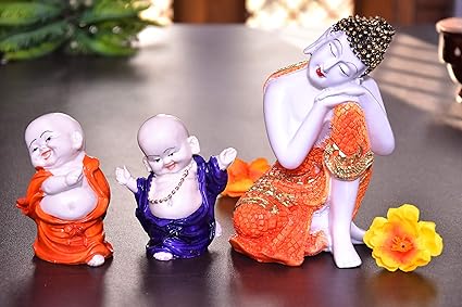 MARINERS CREATION Divine Resting Buddha Idol with Two Child Monks for Home Decor,Living Room,Bedroom,Office | House Warming Gift | SHOWPIECE for Home DeCOR