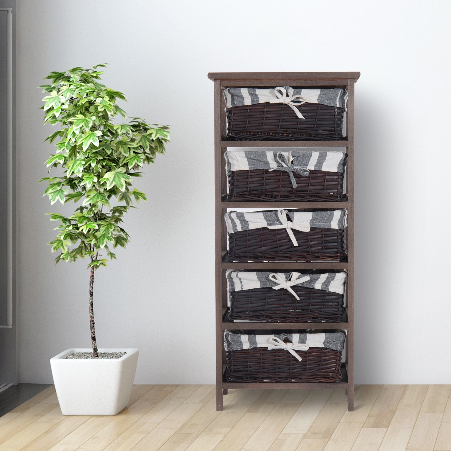 Muebles HOMCOM Armario Auxiliar 5 Cajones Cajonera Madera Mimbre