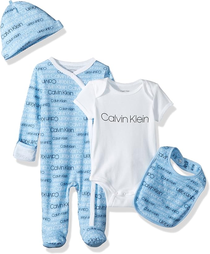 Calvin Klein Baby Girls Sleepers, 4 Piece Gift Set Ck Blue Logo, 612