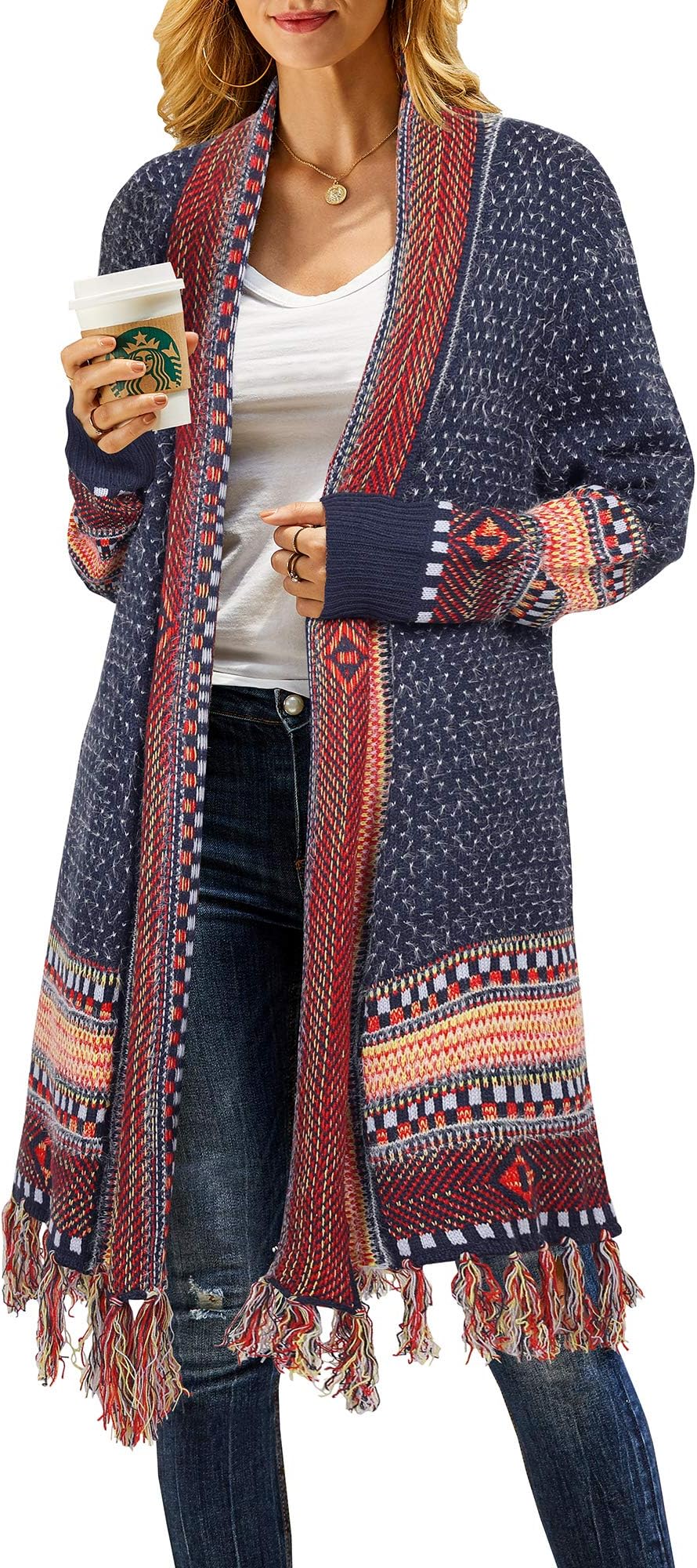 Misassy Womens Boho Open Front Long Cardigans Sweater Loose Long Sleeve Embroidery Tassels Kimono Duster Outwear