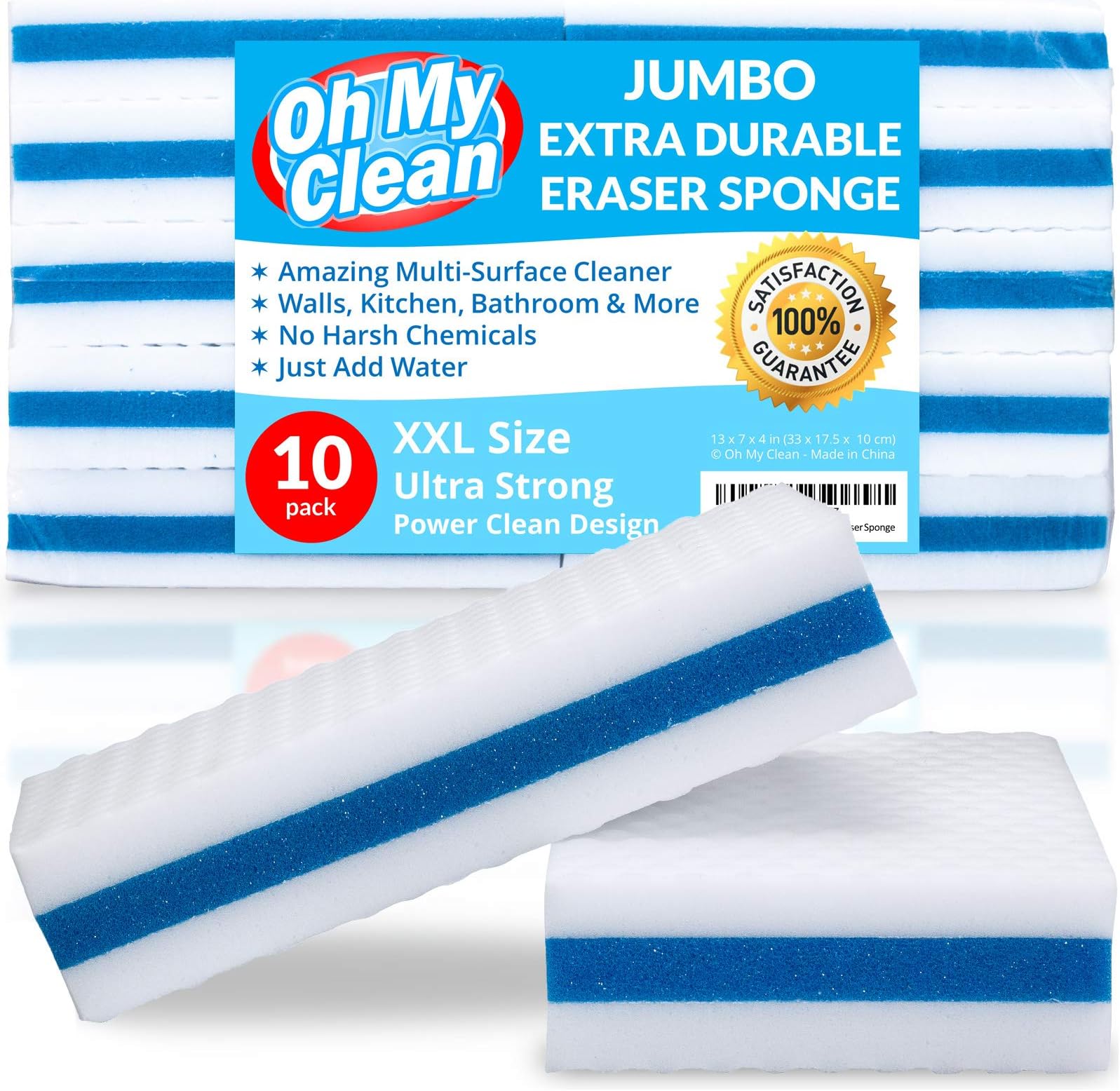(10 Pack) Jumbo Extra Durable Eraser Sponge - 6.5 x 4 x 1.5” Long Lasting, Premium Melamine Foam Sponges in Bulk - Large Heavy Duty Power Scrubber - Bathroom, Kitchen, Floor, Baseboard & Wall Cleaner
