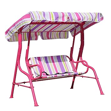 Angel Living 5861010 Kinder Hollywoodschaukel mit Sitzgurt 2 Sitzer Gartenschaukel mit Sonnenschutz aus Stahl (Rosa)