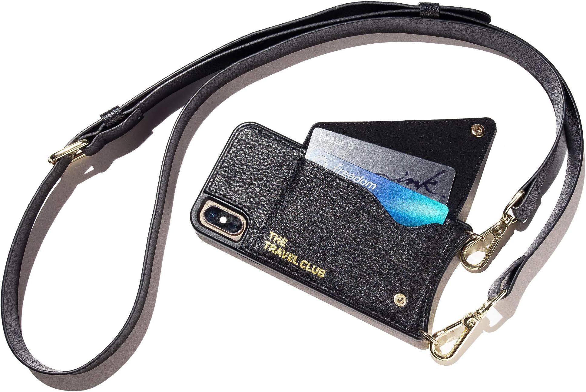 The Travel Club iPhone X/XS Wallet Case with Crossbody Strap, Women’s Luxury Travel Accessories, Black Pebbled Genuine Leather; Unique Gift for Travelers (Black- iPhone X/XS)