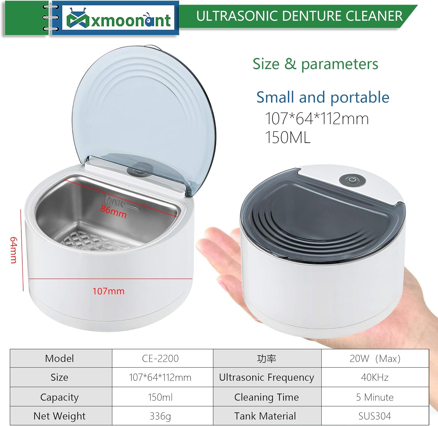 Mxmoonant Denture Bath Ultrasonic Denture Cleaning Machine Professional