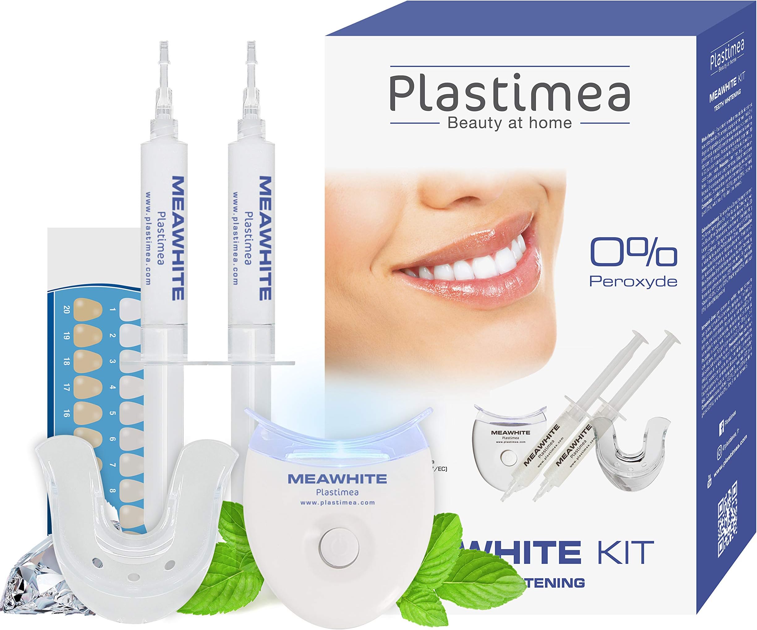 Meawhite Teeth Whitening Kit - 2 Whitening Gels with LED Technology - Removes Stains - 100% Peroxyde Free - 20 Minutes, 3 Steps, 20 Days - Plastimea Paris
