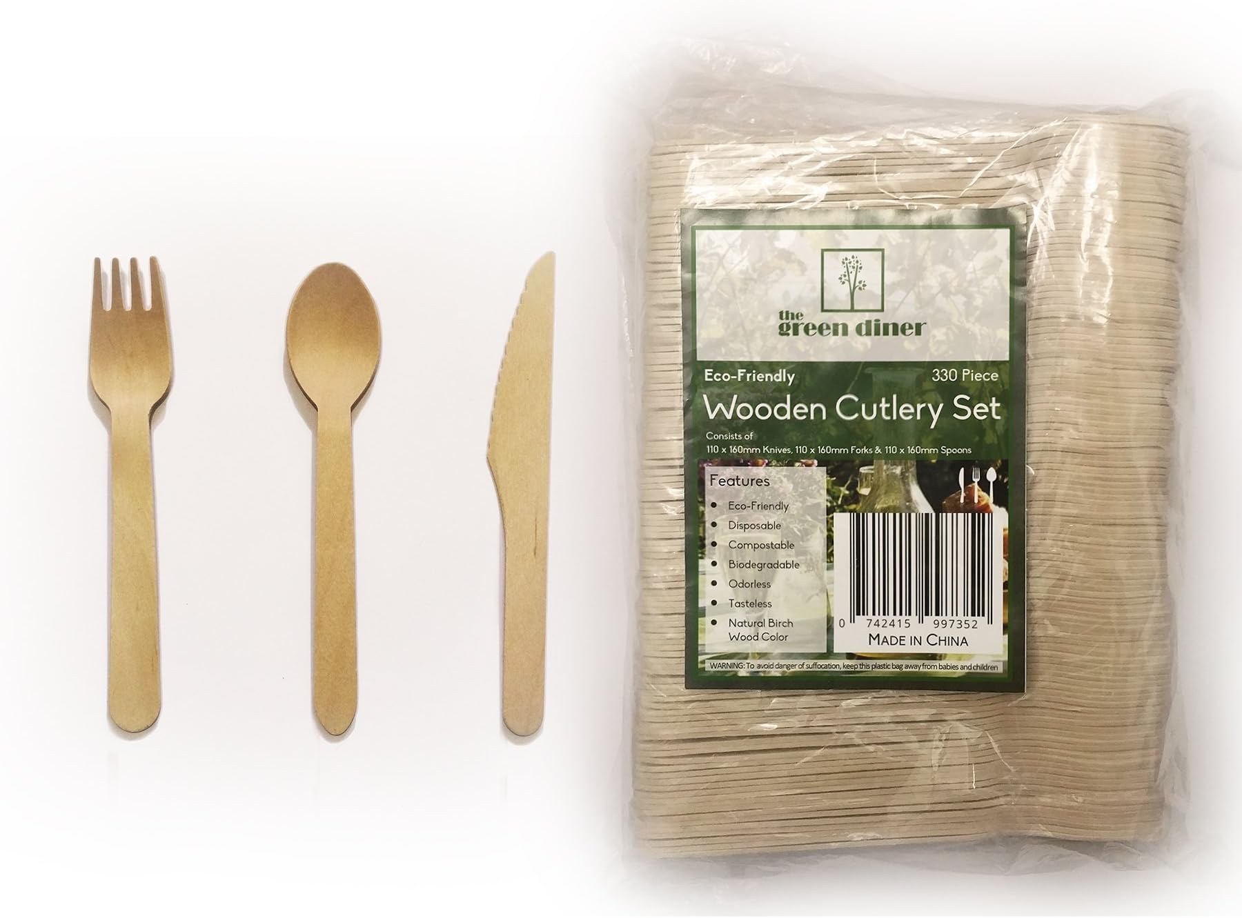 330 piece Wooden Disposable Cutlery Set 110 Forks 110 Spoons 110 Knives 6 inch Party Catering Supplies 100% Natural Eco Friendly Biodegradable Compostable Utensils Picnic Accessories Safe for Children