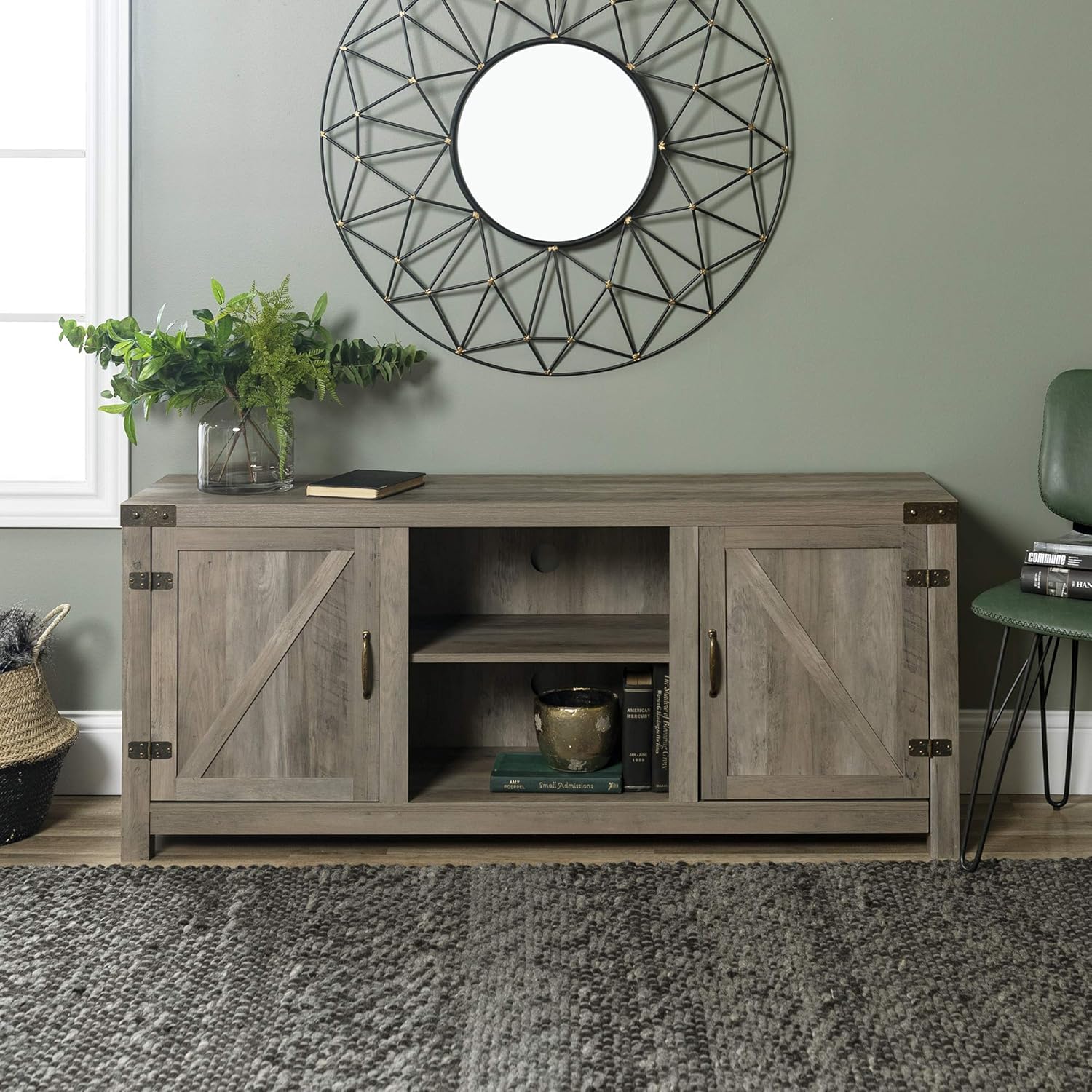 Walker Edison Farmhouse Barn Wood Universal Stand for TV's up to 64" Flat Screen, Storage Cabinet Doors and Shelves, Entertainment Center, 58 Inch, Grey Wash: Furniture & Decor