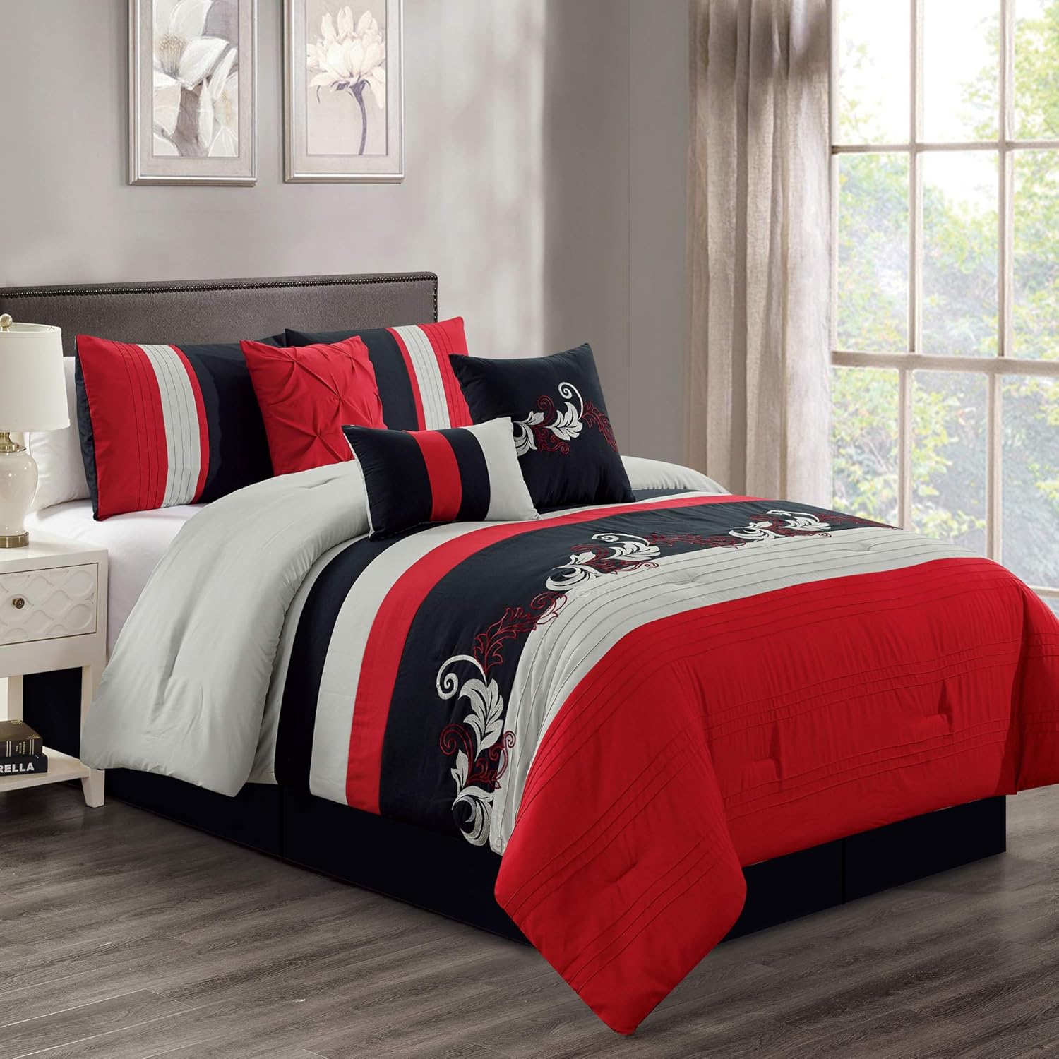 Chezmoi Collection Napa 7-Piece Luxury Leaves Scroll Embroidery Bedding Comforter Set (Queen, Teal/Gray/Black): Home & Kitchen