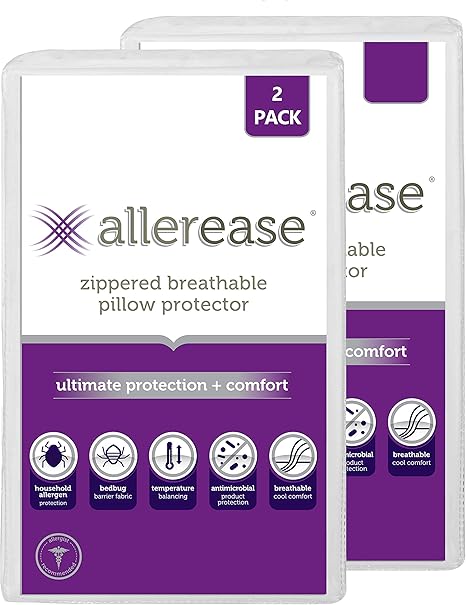 Amazon Com Allerease Ultimate Protection Comfort Temperature Balancing Pillow Protector Zippered Antimicrobial Allergist Recommended Prevent Collection Of Dust Mites And Allergens Queen 2 Pack White Home Kitchen